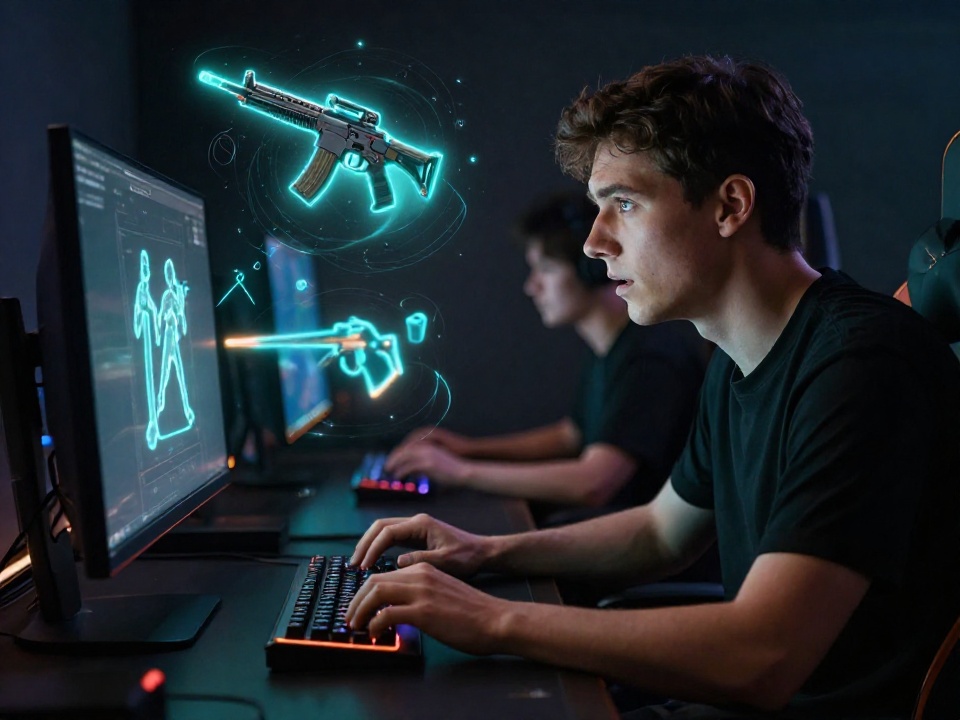 Геймер открывает кейс CS2, напряжённый момент ожидания редкого скина, неоновое освещение